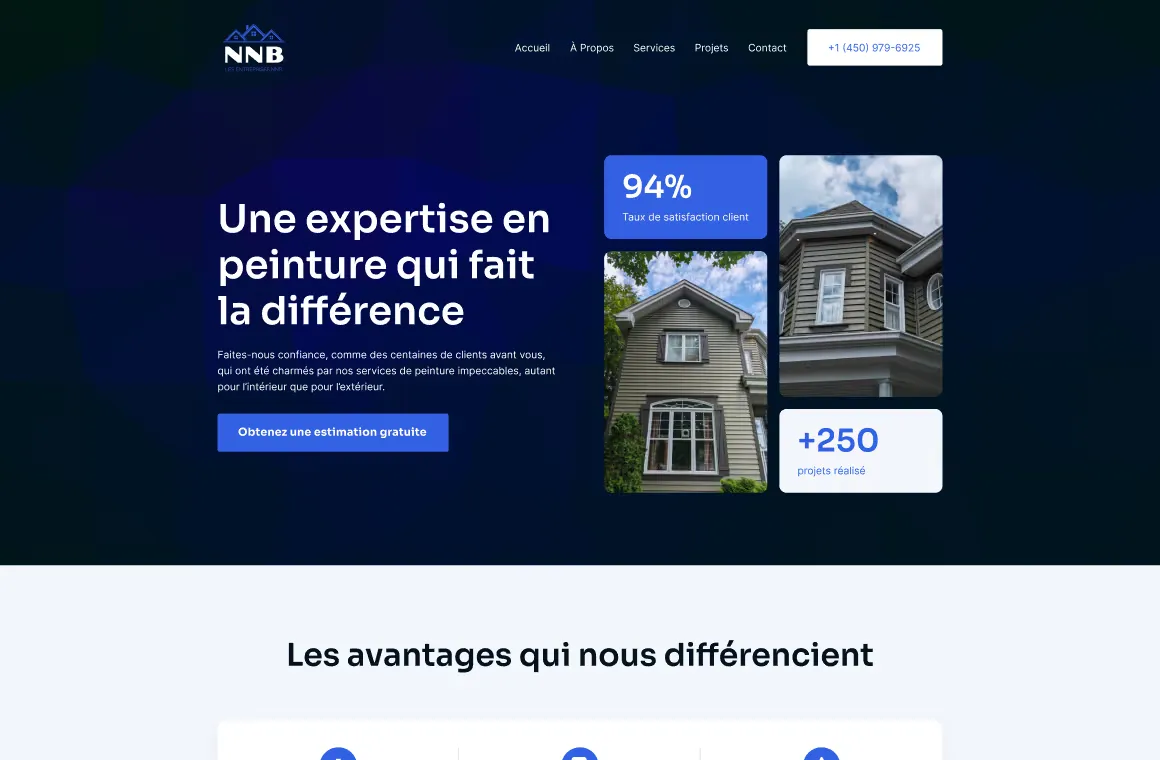 Page d’accueil du site d’une entreprise de peinture montrant l’extérieur d’une maison, un taux de satisfaction client de 94 % et plus de 250 projets réalisés.