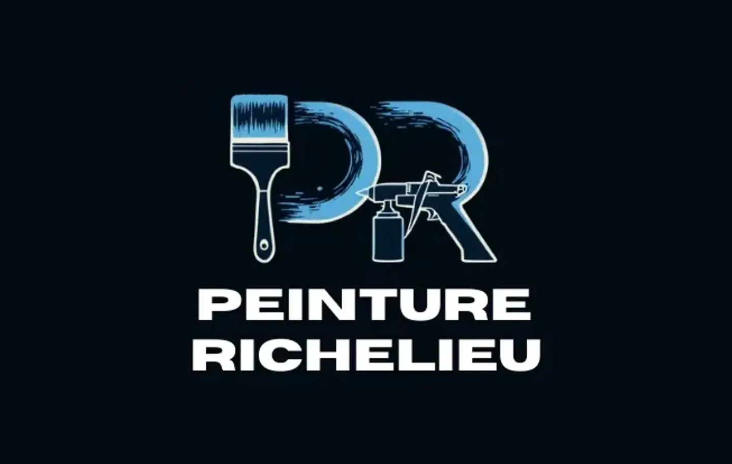 Le logo de Peinture Richelieu : un pinceau et un pistolet à peinture formant les lettres PR, au-dessus du nom en blanc sur bleu marine